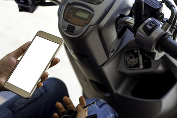 Young woman hand holding mobile smartphone with blank white screen, search internet application, gps navigation concept.