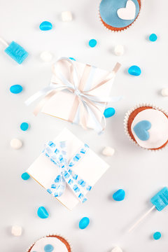 Blue party accessories. Invitation, birthday, bachelorette party, baby boy shower concept