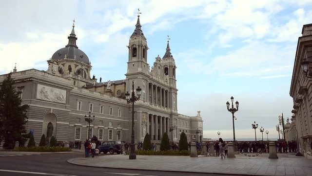 Tourists around La Almudena Cathedral in Madrid