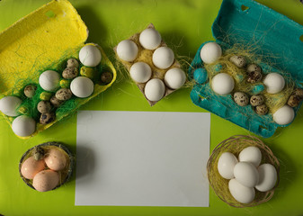 White chicken Chicken and quail eggs in colored paper eco-friendly packaging with  sisal Close-up photo Easter background 