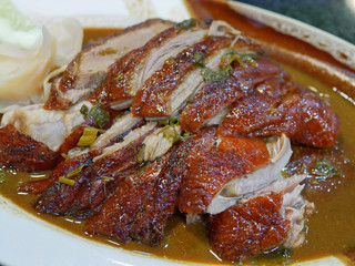 Close up of appetizing sliced roasted duck served on a plate with its sauce poured all over the meat