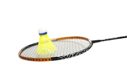 Badminton ball or shuttlecock and racket isolated on white background