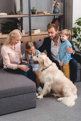 happy young family playing with dog while sitting on couch at home