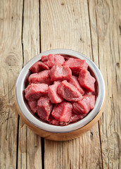 Stainless steel bowl filled with chopped dog meat