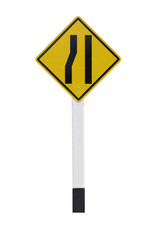 Yellow traffic square shaped right narrow lane sign isolated on white background with clipping path. Beware of driving and travel concept.