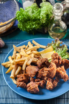 Crispy chicken karaage served with french fries
