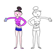 Two drawings in vector, color and contour, a girl in the gym, photographing the cubes of the press
