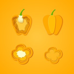 Set of paper cut yellow pepper. Vector paper cut design in the form of Sweet orange pepper for design of food packaging. Vector illustration. Paper art style paprika. Origami concept.