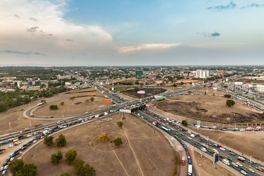 High View Point Cityscape Of Accra, Ghana. Traffic Jam On The Tetteh 