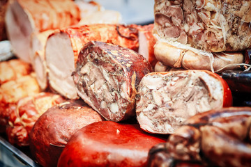 various tasty meat delicacy, bacon, sausages ham