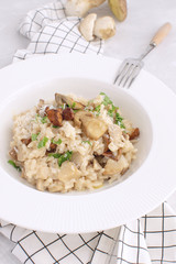 Mushroom risotto Traditional italian porcino rice Dish White background Checkered napkin Copy space