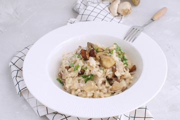Mushroom risotto Traditional italian porcino rice Dish White background Checkered napkin Copy space