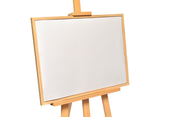 Easel with frames empty for drawing isolated on white background. Horizontal paper sheets. Object, set. Wooden, mock up. Education, school, artist. Creative concept and idea of art
