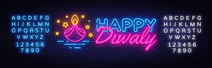 Fototapeta na wymiar Diwali Hindu festival greeting card neon Vector. Diwali neon sign, design template, modern trend design, night neon signboard, night bright advertising, light banner. Vector. Editing text neon sign