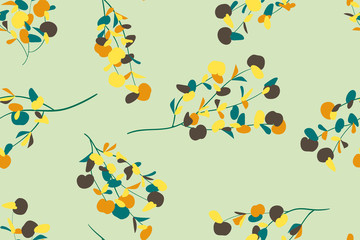 Bright Floral Seamless Pattern. Vector Eucalyptus Leaves and Beautiful Blossom Elements. Colorful Botanical Summer Background. Floral Seamless Pattern for Wedding Design, Print, Textile, Fabric, Paper