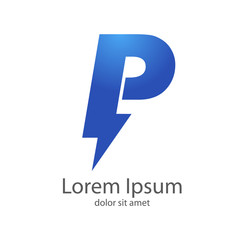 Fototapeta premium Logotipo letra P estilo rayo color azul