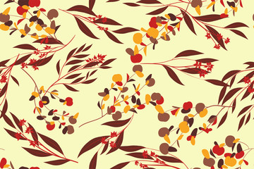 Fototapeta premium Autumn Seamless Pattern with Eucalyptus Leaves. Foliage Natural Branches. Decorative Background in Vintage Style. Seamless Eucalyptus Pattern for Fabric, Textile, Wrapping Paper, Cloth, Dress, Print.