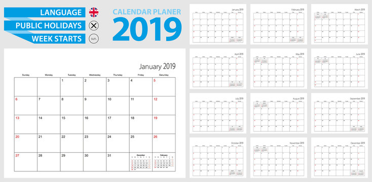Wall Calendar Planner For 2019. English Language, Week Starts From Sunday.