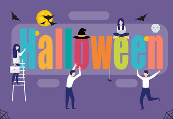 Business people preparing for Halloween.Men and women building a word Halloween, in flat modern style. Team work, get ready for Halloween..