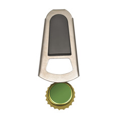 Beer bottle opener and cap isolated on white background. Flat lay, top view