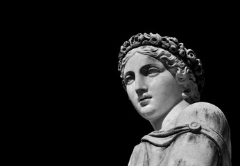 Ancient Roman or Greek goddess marble statue (Black and White with copy space)