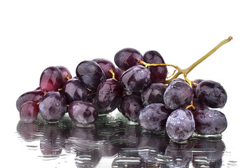 Bunch of black grapes on white mirror background in water drops isolated close up