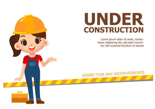 Vector illustration for under construction page, female worker, engineer character with hard helmet.