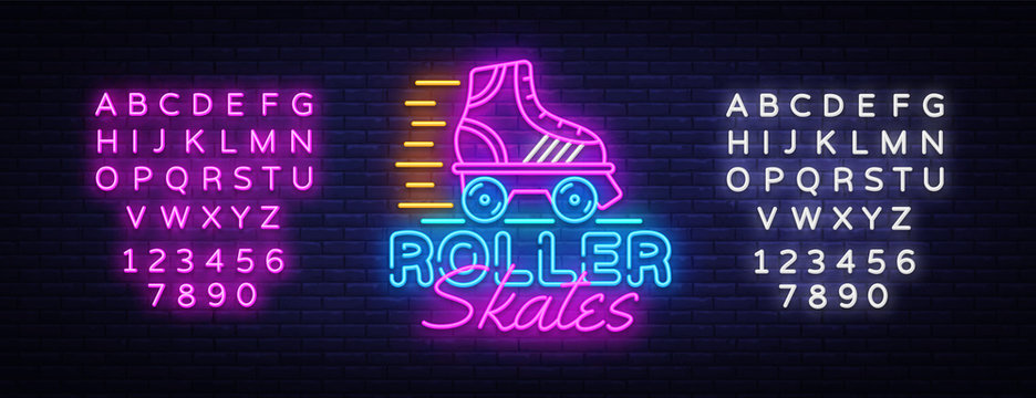 Roller Skates Neon Sign Vector. Retro quad roller skates neon logo, design template, modern trend design, night neon signboard, night bright advertising, light banner. Vector. Editing text neon sign