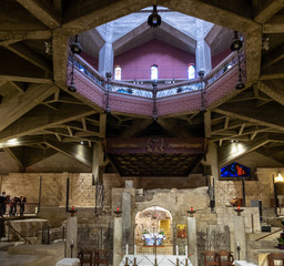 Large panoramic view of interior Greek Orthodox Church of the Annunciation, also known as the...