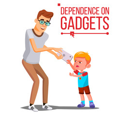 Children s Gadget Dependence Vector. Father Takes Smartphone From Son. Internet Addiction. Isolated Cartoon Illustration