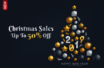 Luxury Christmas Sale background poster with golden balls