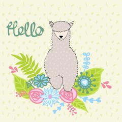 Hand drawn card with llama with flowers.