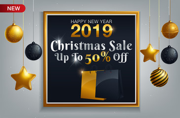 poster for Christmas Sale background flat design. Text with golden glitter balls