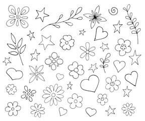 Set of different flowers, plants, hearts. Vector illustration in the style of doodle
