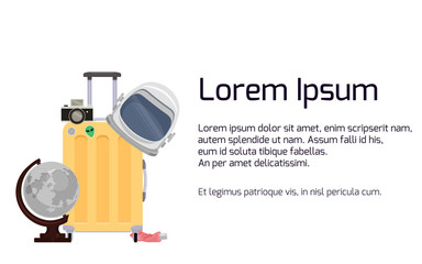 Template with space tourists suitcase with an astronauts helmet, a moon globe and a camera. Space tourism. Vector flat template for banner, card and your design