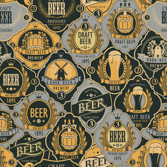 Vector seamless pattern on the theme of beer with various beer labels with images of wooden barrels, beer glasses, mills, laurel wreathes, ears of wheat and other in retro style