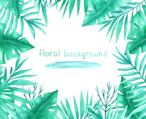 Watercolor background with tropical leaves and twigs on a white background.