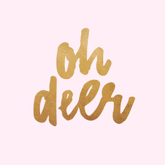 Oh Deer. Merry Christmas Happy New Year golden glitter foil lettering. Calligraphy postcard or poster graphic design element. Hand written sign. Photo overlay Winter Holidays vector. Santa Bright Days