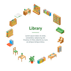 Furniture for Library 3d Banner Card Circle Isometric View. Vector