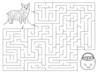 Halloween maze game for children. Coloring page. Welsh Corgi dressed up as a mummy. Trick or treat. Preschool education. Vector illustration.