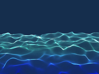 Fototapeta na wymiar Abstract landscape. Wave surface of particles. Blue background. Digitall illustration.