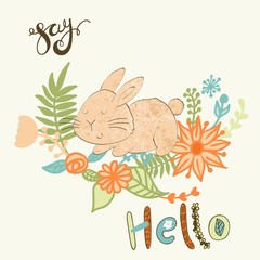 Card with cartoon cute bunny in bright colors.