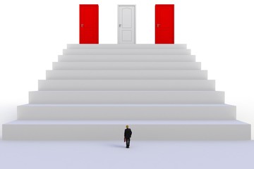 Success concept with businessman, Image of miniature businessman standing in front of red and white door on white wall background, 3D rendering