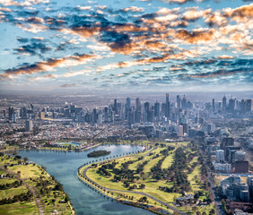 Melbourne aerial city view with Albert Park and skyscrapers