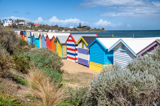 Brighton Beach colourful huts on a sunny day, Victoria, Australia