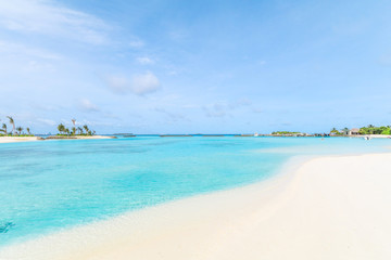 Fototapeta na wymiar Amazing island in the Maldives ,Beautiful turquoise waters and white sandy beach with blue sky background for holiday vacation .