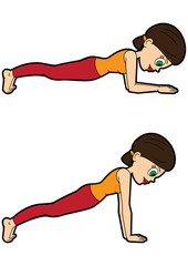 Yoga asana set plank pose/ Illustration cartoon girl doing kumbhakasana 