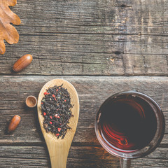 Autumn composition. Cup of tea, autumn leaves and acorns autumn tea party.