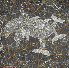 Silhouettes of three dolphins on cosmic textured background. Esoteric, occult, new age and wicca concept, fantasy illustration with mystic symbols and sacred geometry