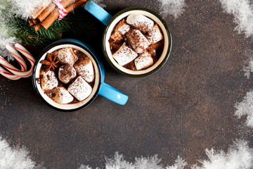 Hot chocolate is a traditional winter drink. Christmas background.